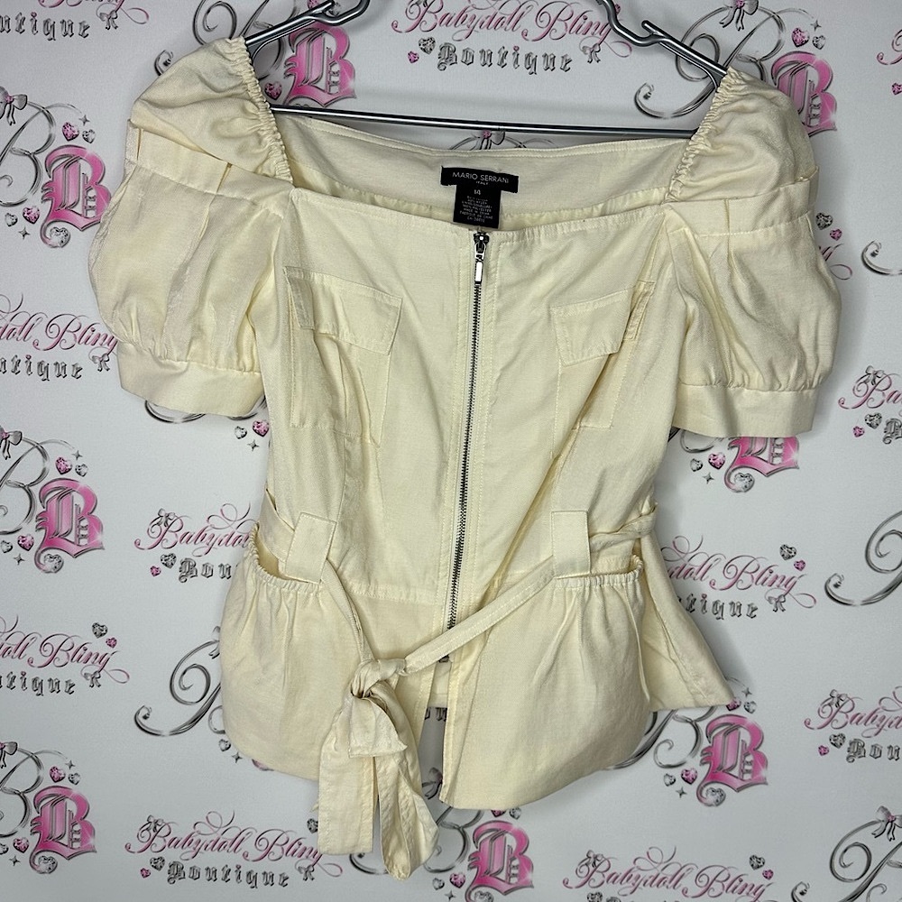 Mario Serrani Blouse Top Puff Shoulder Pockets Belted Stunning Cream White Belt